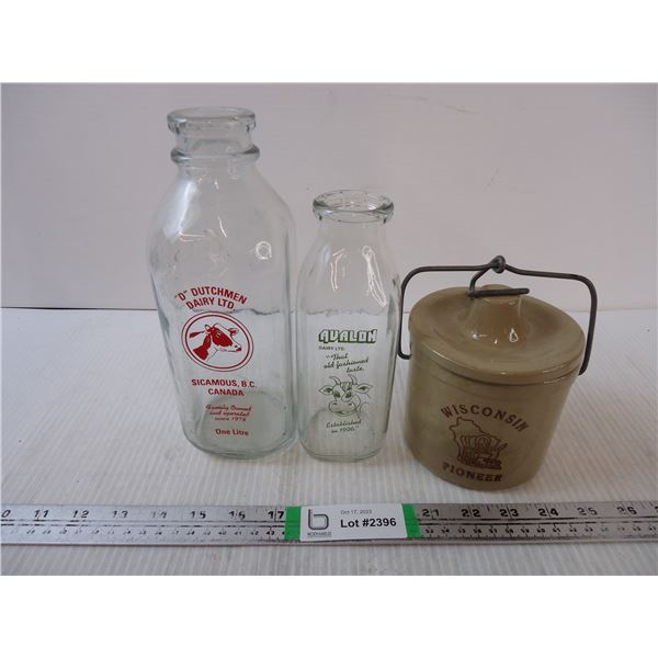 (2) Vintage Milk Bottles and Small Crock-Wisconsin Pioneer