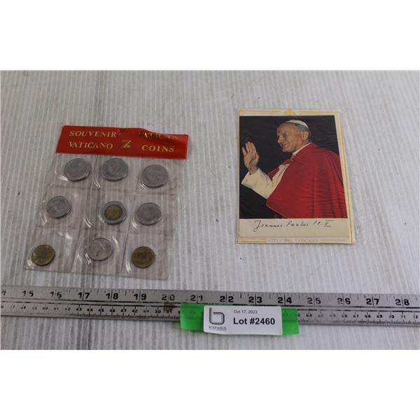 (9) Souvenir Vatican Coins, Pope John Paul II Religious Photo, Coin, and Stamps