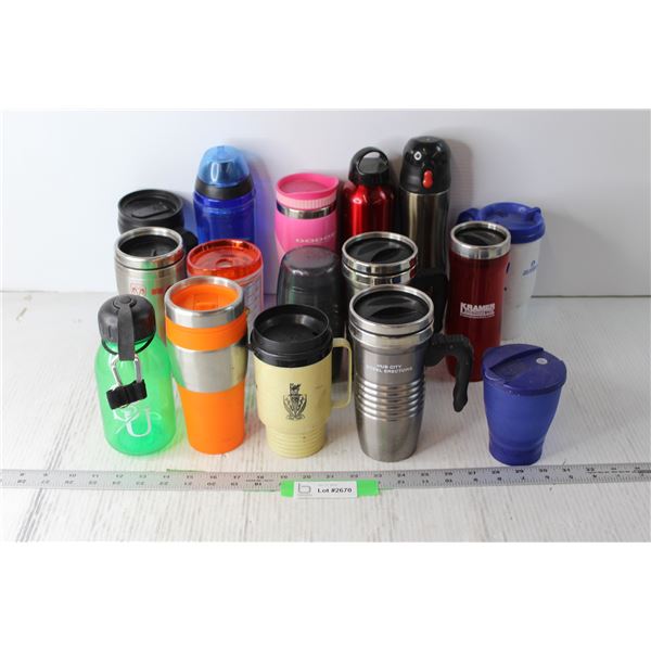 (16) Assorted Water Bottles and Travel Mugs