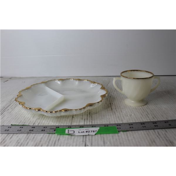 Fire King Milk Glass Divided Tray and Sugar Bowl