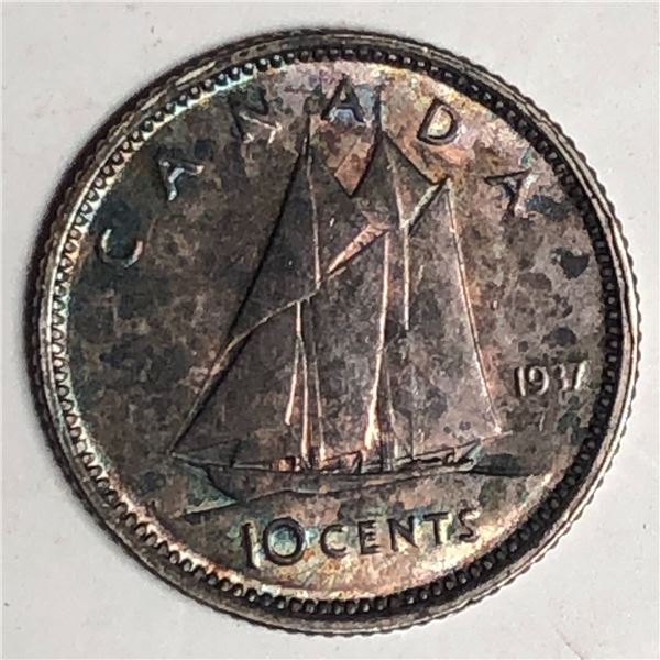 Canadian .10 Cent Dime 1937 UNC Rainbow Toning