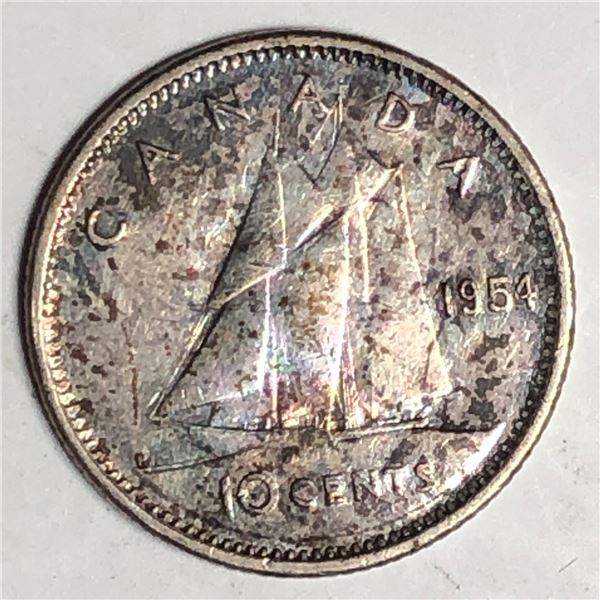 Canadian .10 Cent Dime 1954 UNC Toned