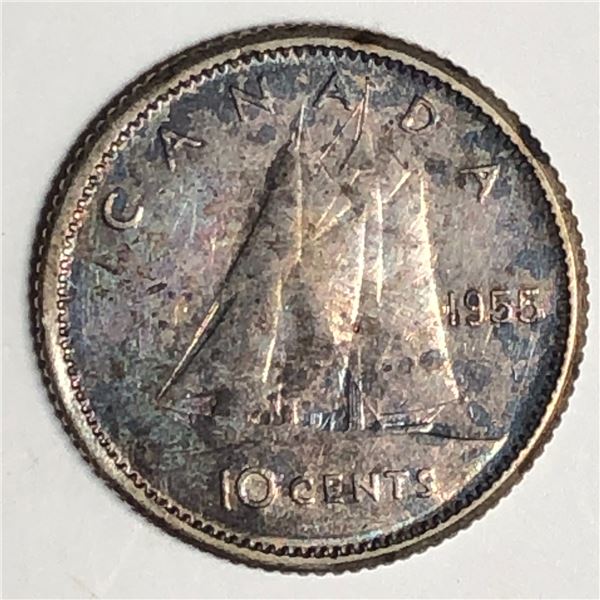 Canadian .10 Cent Dime 1955 UNC Toned