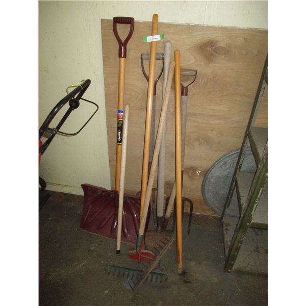 Garden Tools, (2) Forks, Chipper, Hoe, Rack