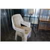 Image 3 : ** (4) Plastic Patio Chairs - Some Damage, Umbrella, Patio Table - 33" x 33"