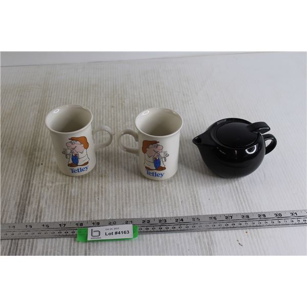 Small Black Teapot, (2) Retro Tetley Tea Mugs