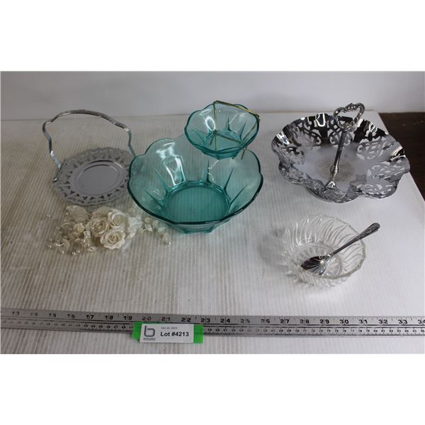 Retro Flower and Pearl Hair Comb, Turquoise Blue Chip and Dip Bowls, Chrome Plated Serving Dishes