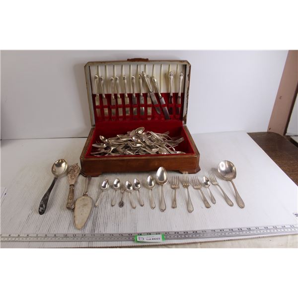 (100+) Community Silver Plated Utensils in Wooden Chest