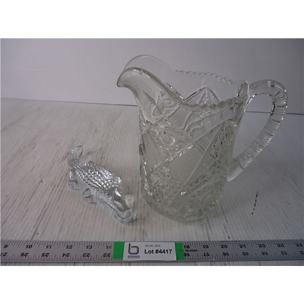 (2) Pieces of Cut Glass- Pitcher and Crocodile