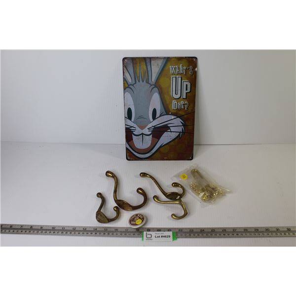 Bugs Bunny Tin Sign - Privacy Latch - (4) Brass Coat Hooks - Keg Pin Button