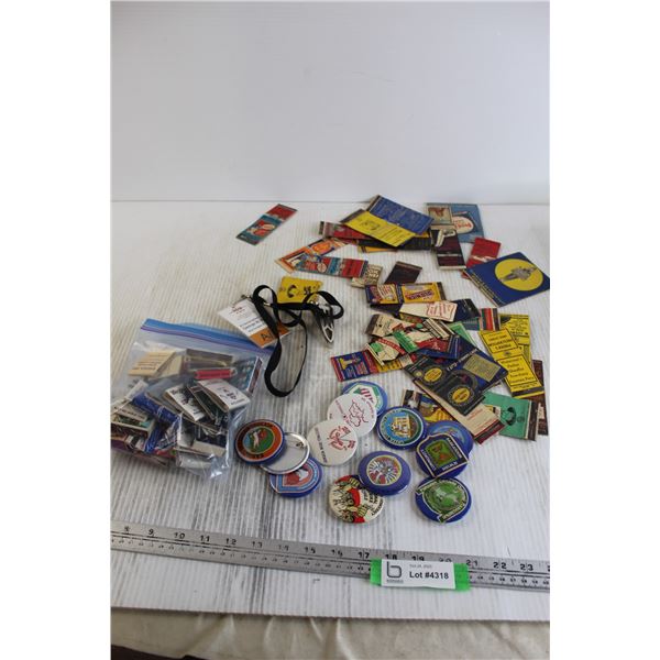 (50+) Assorted Matchbook Covers, (10+) Pin-Back Buttons