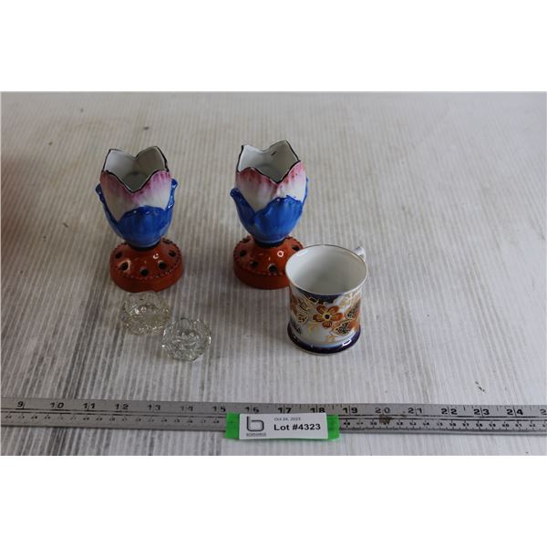 (2) Small Vases, (2) Small Candleholders, Mug