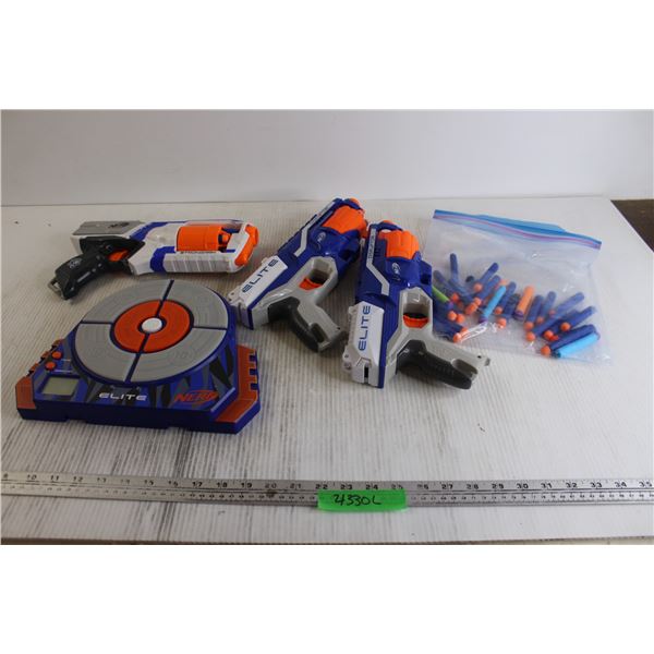 (3) NERF Elite Toy Guns, Target Board, (15+) NERF Bullets