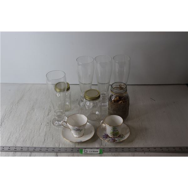 (2) Tea Cups and Saucers + Glass Jar + Large Glasses + Misc.