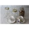 Image 3 : (2) Tea Cups and Saucers + Glass Jar + Large Glasses + Misc.