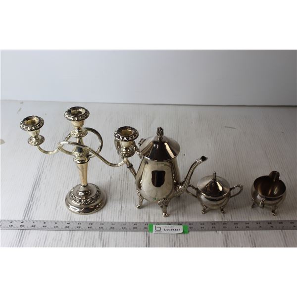 (2) Metal Tea Pot and Cream and Sugar Set + Candle Holder