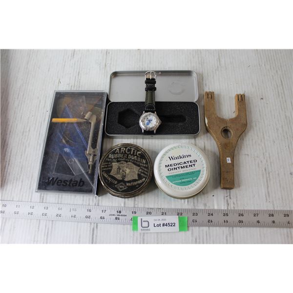 Geometry Set + Watch + (2) Tins + Sling Shot