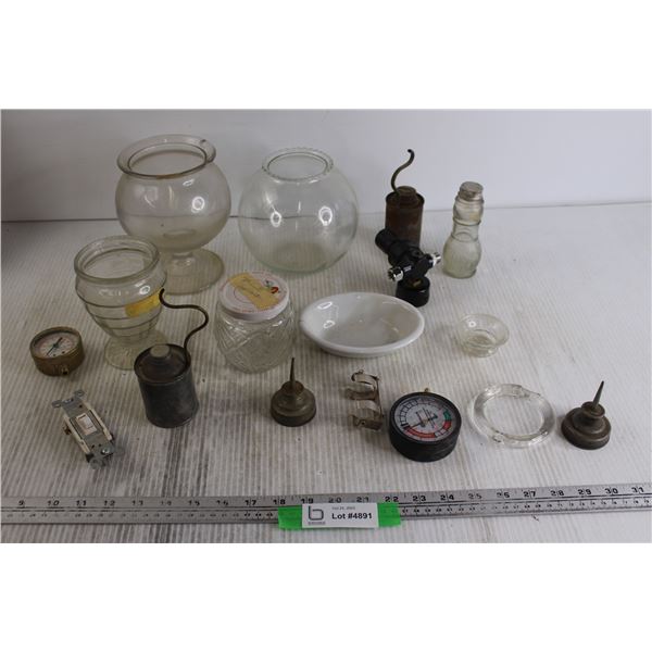 (2) Glass Bowls, Glass Jar, Light Switch Part, Misc.