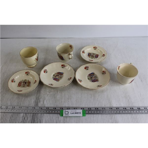 7-Piece Royalty Dish Set - (3) Teacups - (1) has Broken Handle, (2) Saucers, (2) Small Dishes