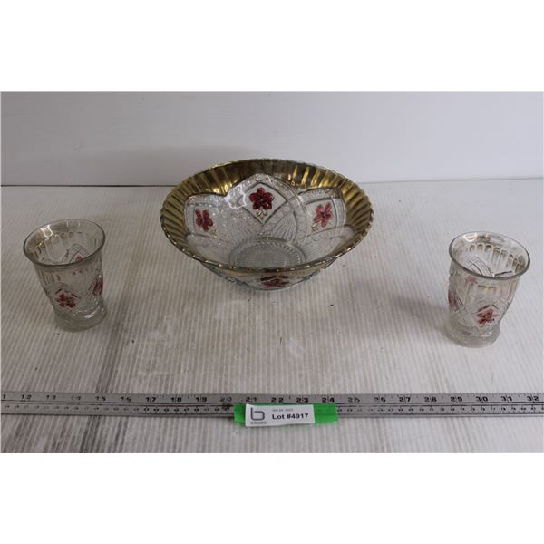 (2) Flower-Patterned Glasses, Flower-Patterned Bowl