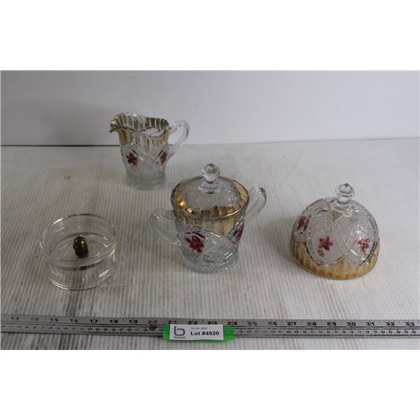 Glass Cream and Sugar Holders, Lid, and Small Spinning Dish