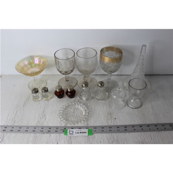 Assorted Glass Cups and Dishes, Salt and Pepper Shakers