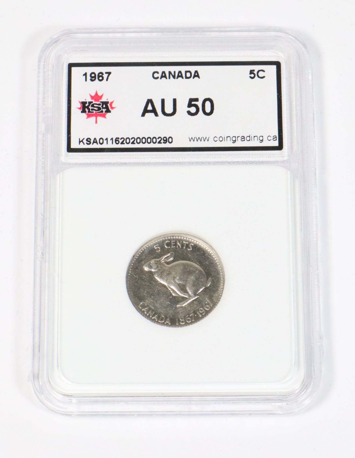 #37 GRADED AU50 CANADA 1967 5 CENTS NICKEL RABBIT