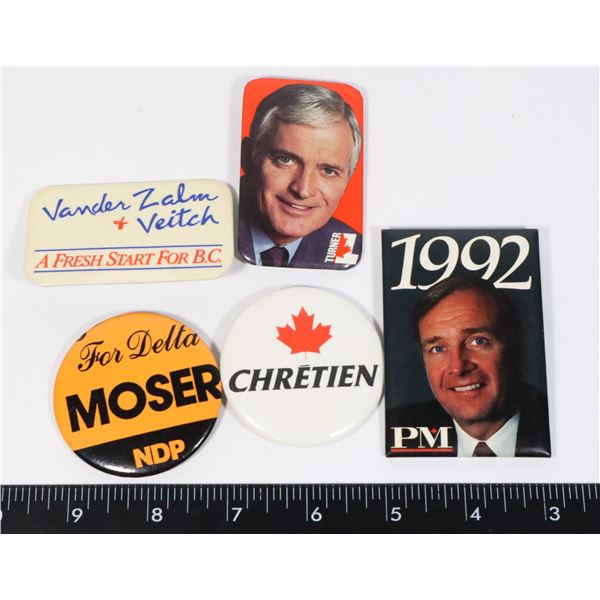 #645 5 CANADIAN POLITICAL BUTTONS VINTAGE 1990'S