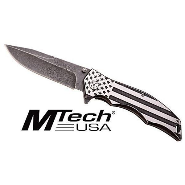 MC MTECH 3.75" DROP POINT FOLDER BLACK/WHITE FLAG SS