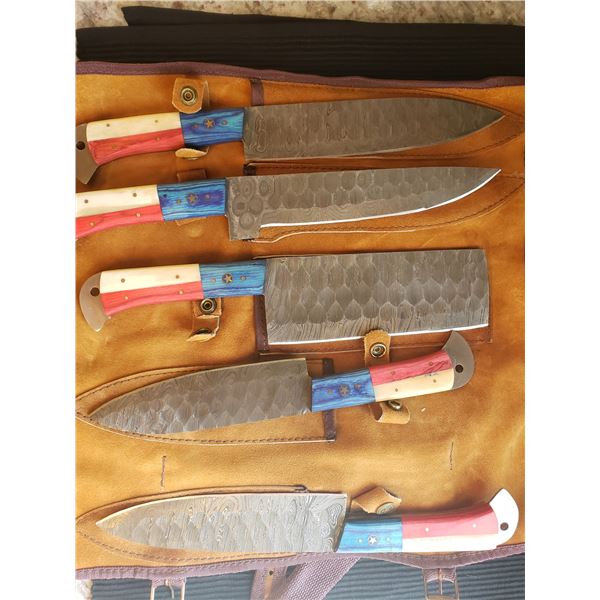 Complete Set of 5 Damascus Steel Blades and Suede Rollup