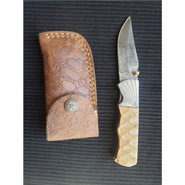 Hand Forged Damascus Steel Folder with Leather Sheath