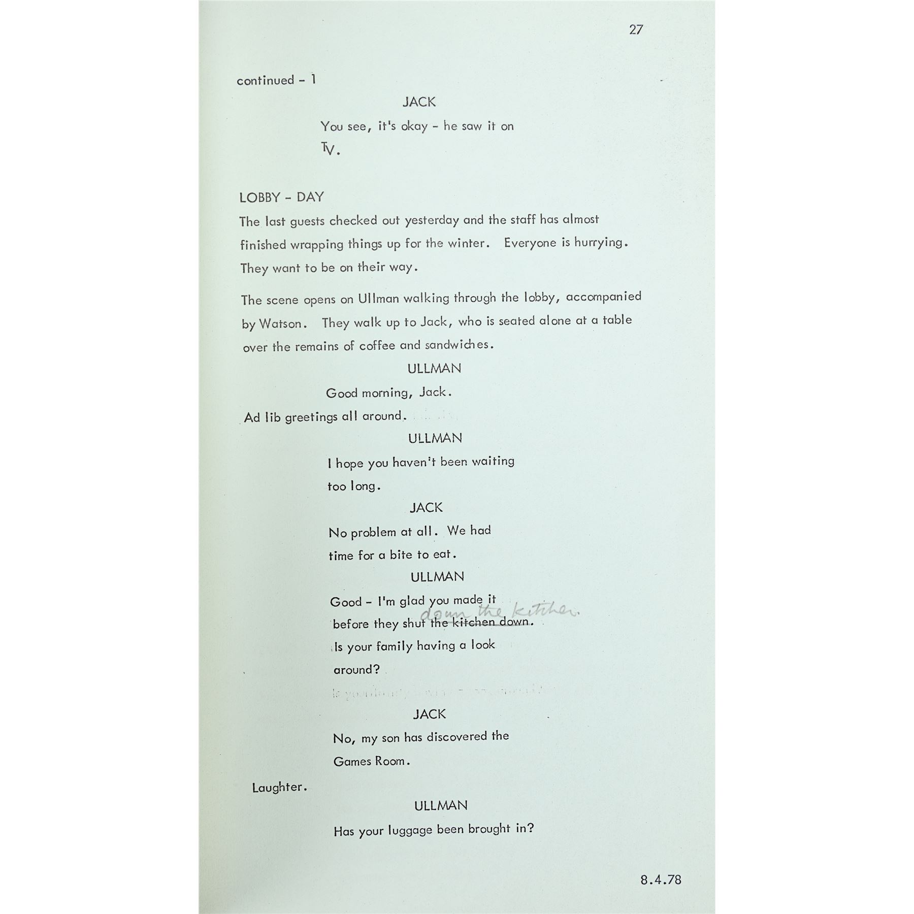 Kubrick Script Lot #327: THE SHINING (1980) - Stanley Kubrick's Hand-Annotated ...