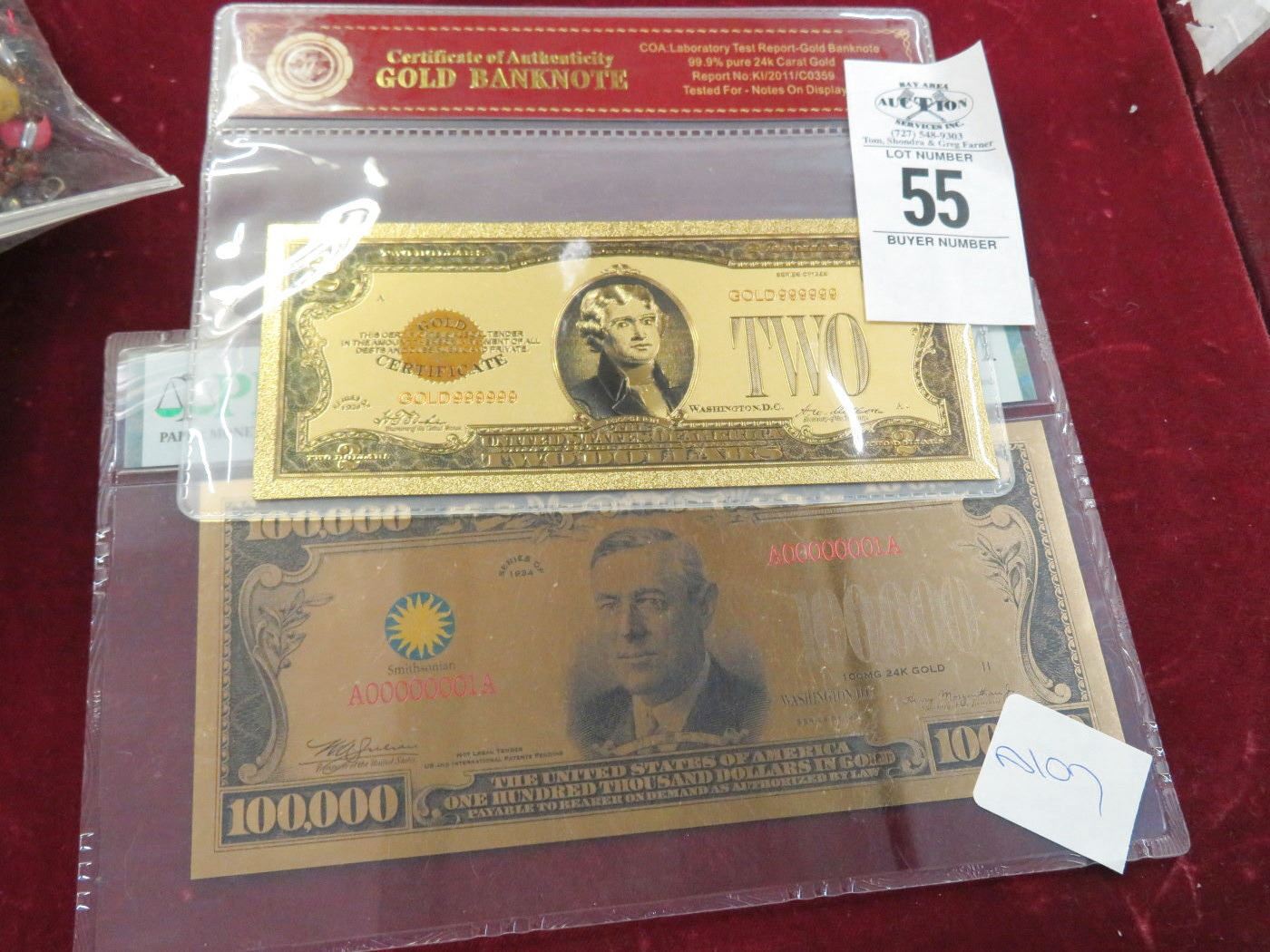 Solid Gold Bank Note $2 Gold Bank Note, 10000 Gold Plated Cert.