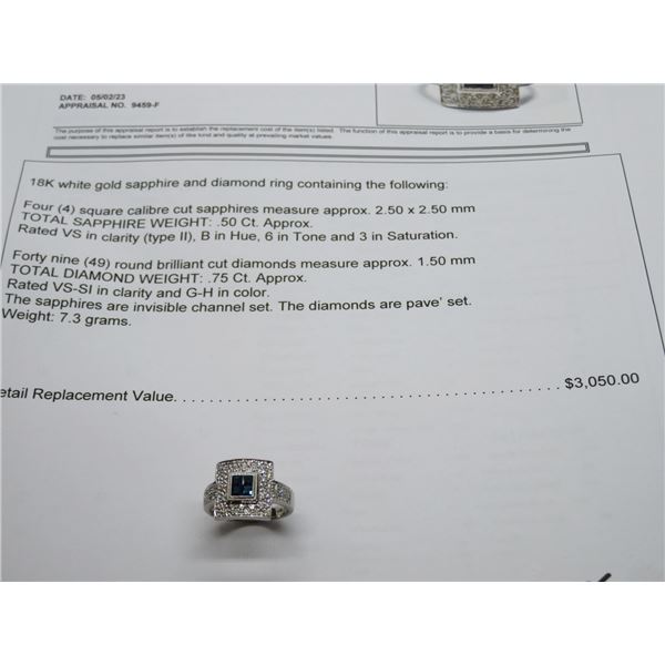 18K WG Sapphire & Diamond Ring w/4 Square Cut Sapphire and 49 Round Cut