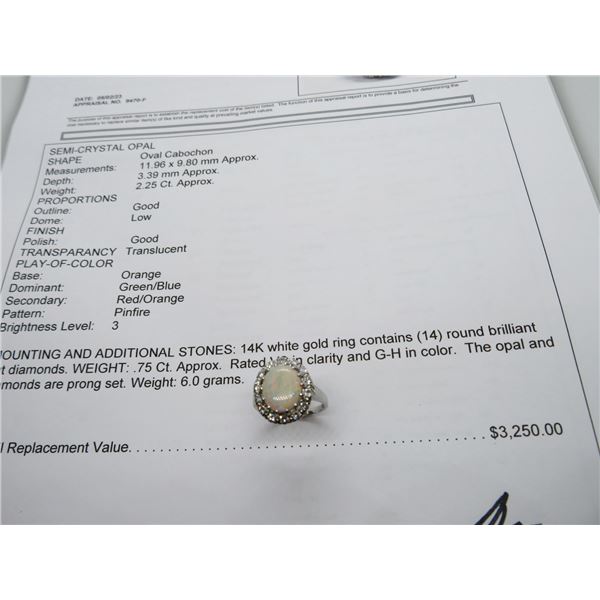 14K WG Ring w/14 Round Cut Diamonds and One Large Opal in The Center 6.0g