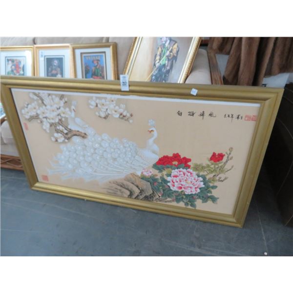 Oriental Framed Peacock Art on Board - 30 x 48