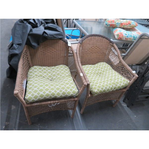 Wicker Padded Patio Armchairs - Pair