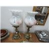 Image 1 : Cast Base Floral Motif Hurricane Lamps - Pair