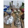 Image 1 : Small Leaded Glass Lamp, Steins, Art Glass, Vases, Silverplate, Bells and Bowls