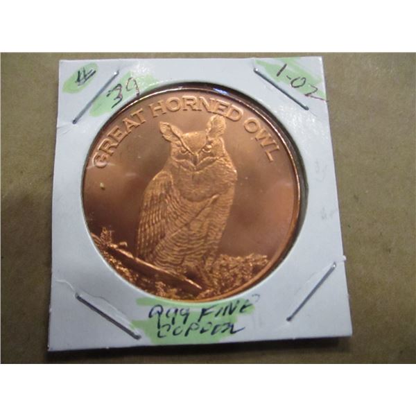 1 OUNCE GREAT HORNED OWL 999 COPPER