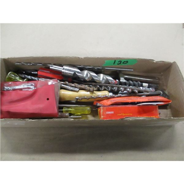 FLAT C/W ASSORTED ENGLISH DRILL BITS, TOOLS, ETC