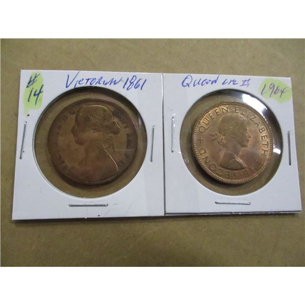 1861 VICTORIAN, 1964 QUEEN ELIZABETH II PENNY TOKENS