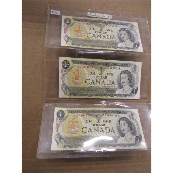 3 - 1973 UNCIRCULATED CANADA SEQUENTIAL SERIAL NUMBER $1 BILLS