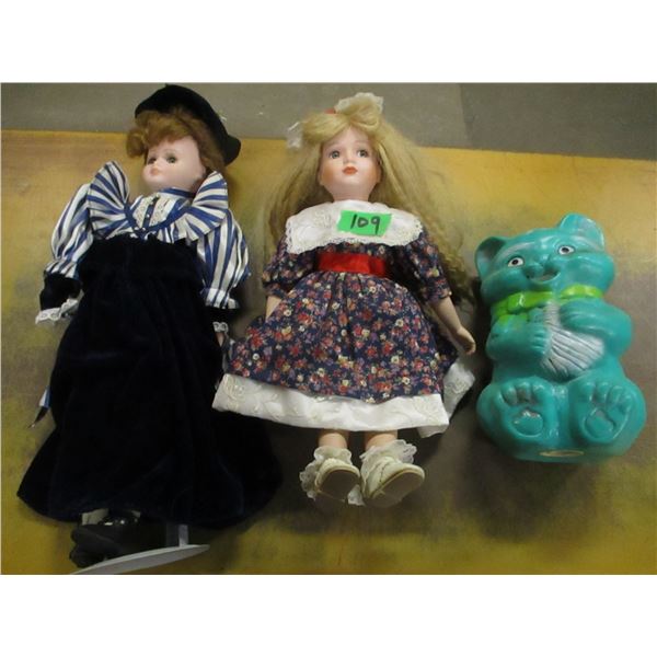 ESTATE:  2 COLLECTIBLE DOLLS & KITTEN BANK