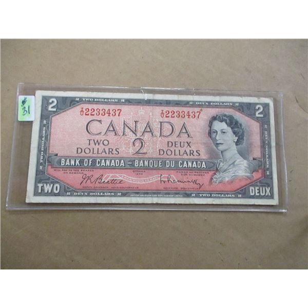 1954 BANK OF CANADA POKER HAND SERIAL NUMBER $2 BILL