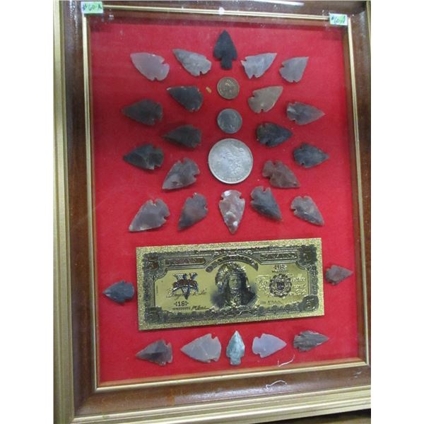 PLAINS 27 ARROW HEADS & 1902 USA INDIAN HEAD  WITH $5 GOLD CERTIFICATE BANK NOTE