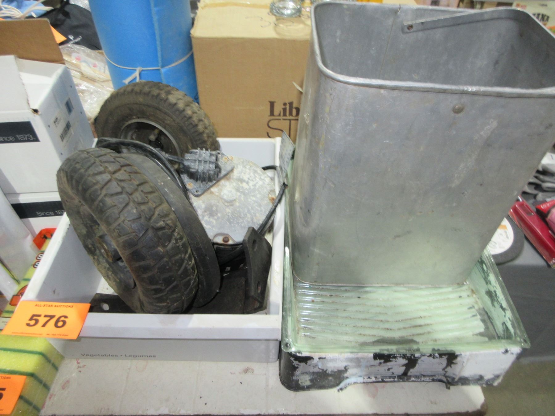 PAINT TRAY WITH LADDER ATTACHMENT & METAL BOX; WHEELS, ETC