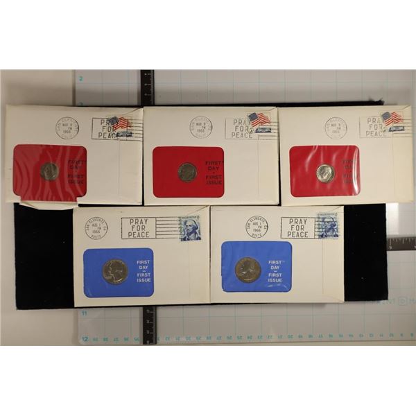 5 US COIN FDC'S WITH CANCELLED STAMPS. 3-1966