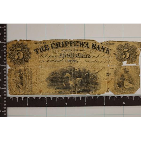 1876 THE CHIPPEWA BANK $5 OBSOLETE BANK NOTE