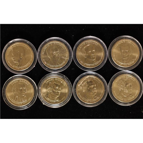 8 PRESIDENTIAL BU $1 COINS IN HARD PLASTIC CAPSULE